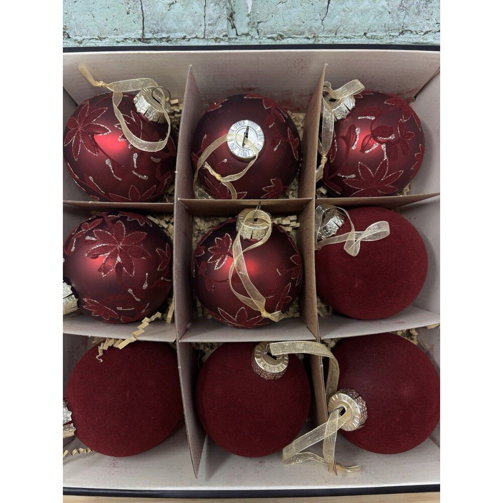Rachel Zoe Glass Christmas Ornaments Set 9 Burgundy Flocked Velvet Glitter Gold